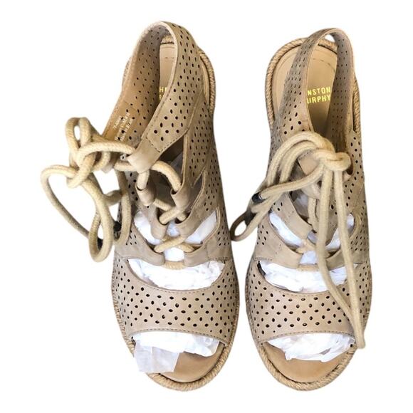 Johnston & Murphy Mandy Espadrille Wedge Sandals Tan 6.5 Lace-Up Preowned - Picture 1 of 15